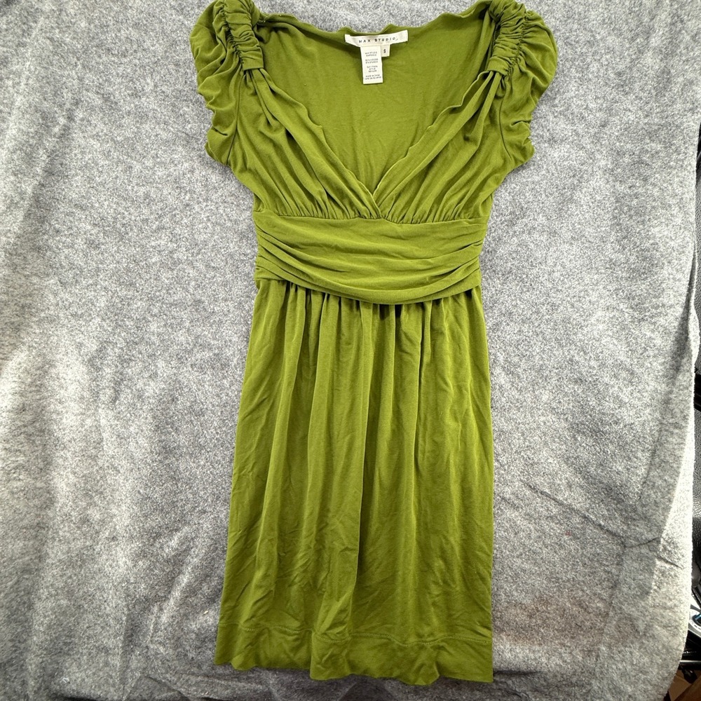 Max Studio Empire Waist Dress Women Small Green Ruched Cap Sleeve‎ V-Neck Jersey